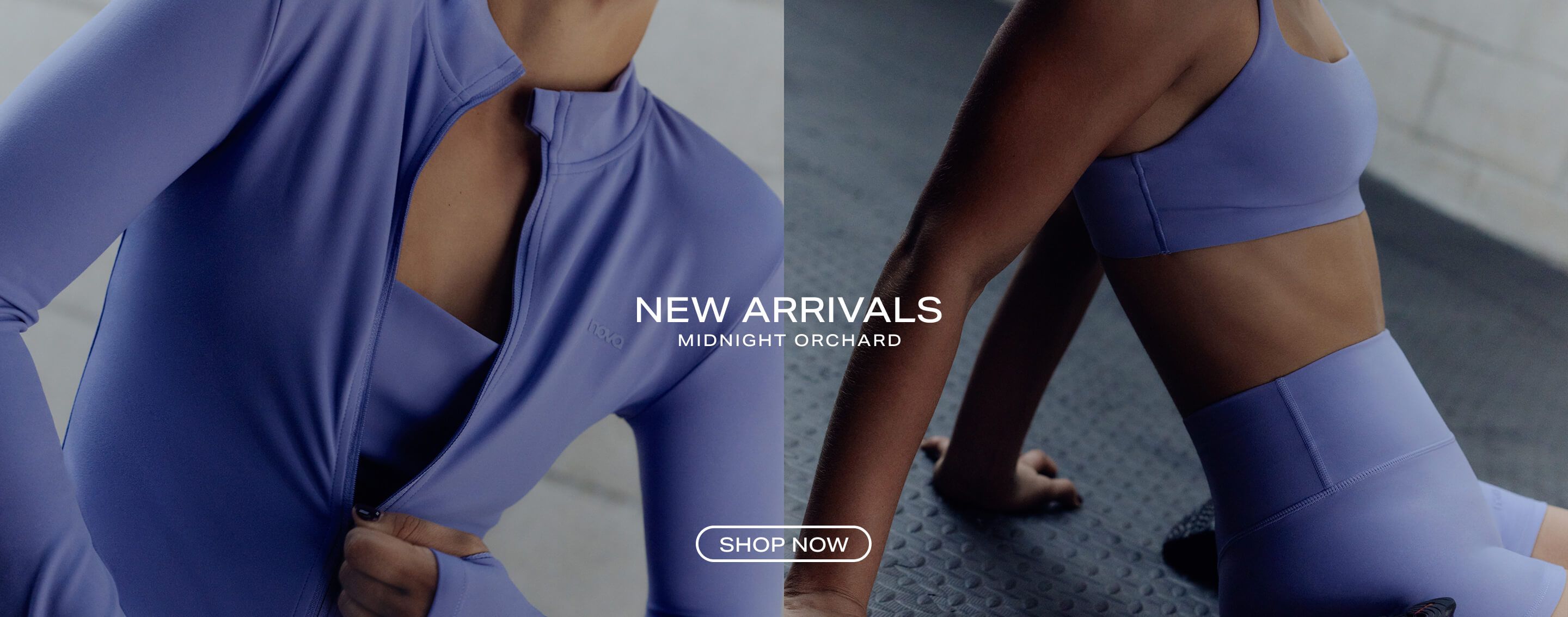 Purple athletic wear from the Midnight Orchard new arrivals collection, featuring a zip-up jacket, sports bra, and leggings. Shop now.