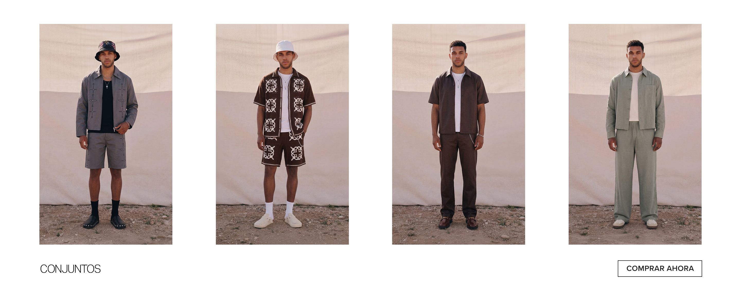 Cuatro conjuntos de moda masculina: marrón texturizado, marrón estampado, gris bordado y verde salvia. Compra la nueva colección.