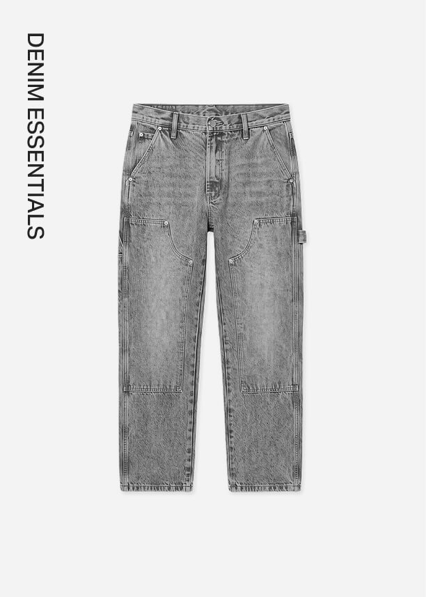 Grey wash carpenter jeans with utility pockets and double-knee panels from the Denim Essentials collection, shown flat on a white background.