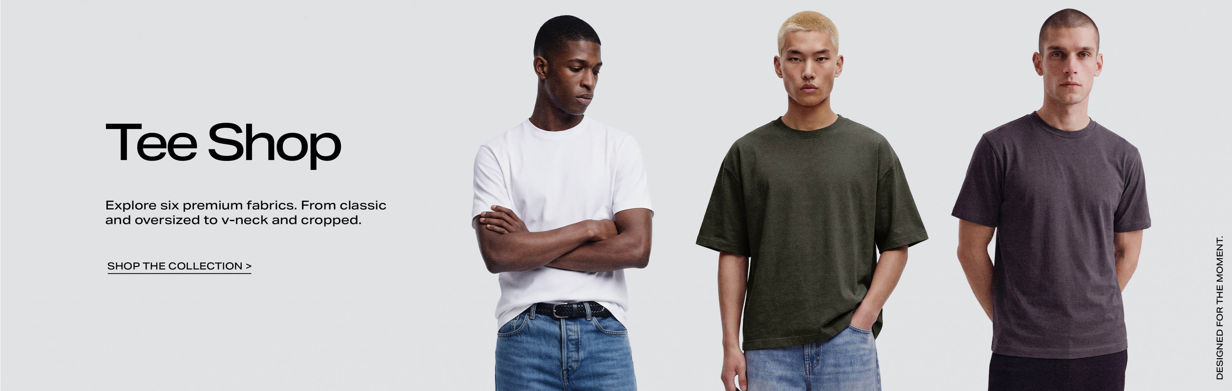 Three men modeling premium t-shirts in classic white, oversized olive green, and charcoal gray crew neck styles for the Tee Shop collection.