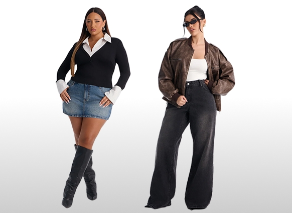 Two models showcase trendy women's fall fashion outfits featuring a denim skirt with tall boots and a brown leather jacket with wide-leg jeans.