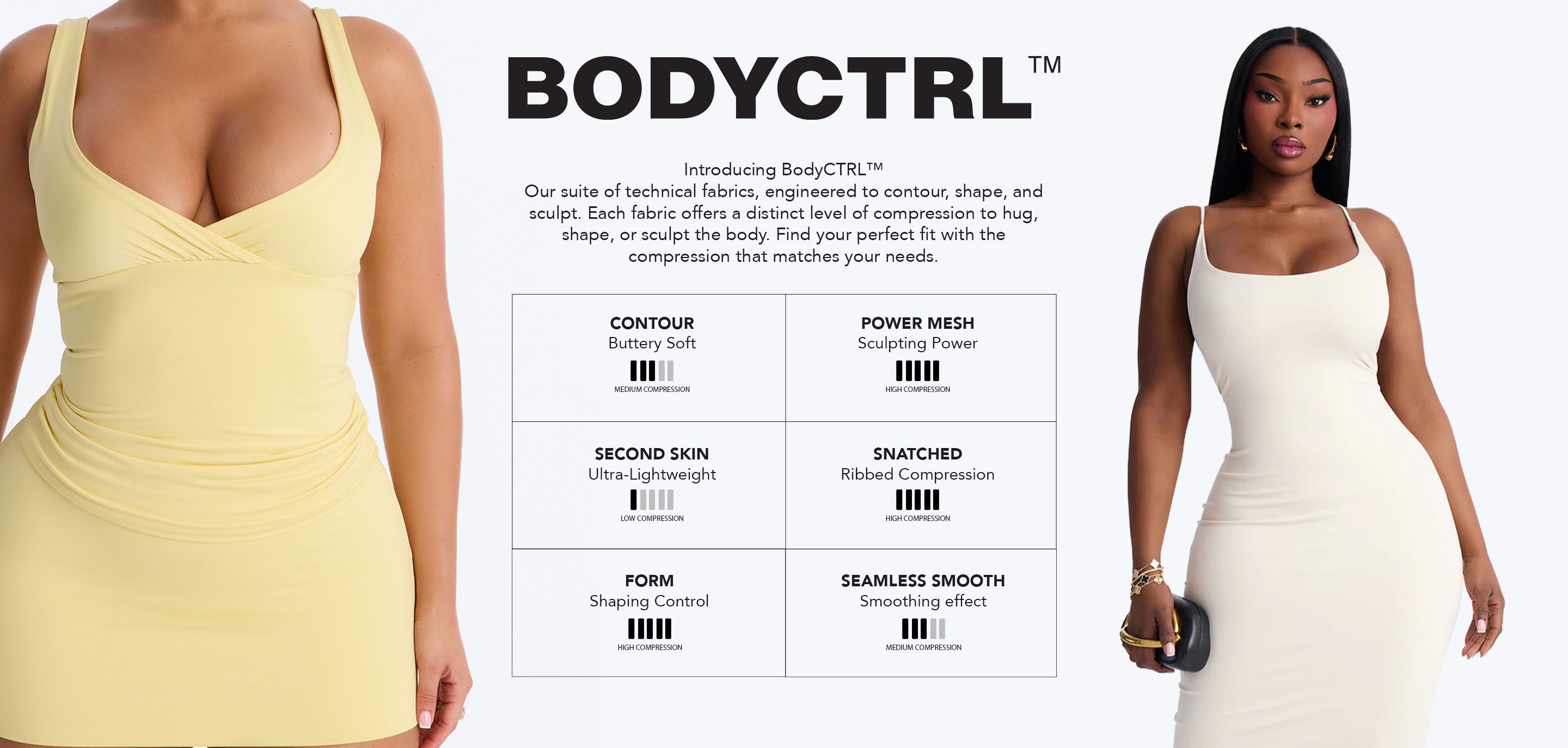Introducing BODYCTRL™ compression bodywear. Two women model sculpting dresses in yellow and cream, promoting advanced shaping fabrics.