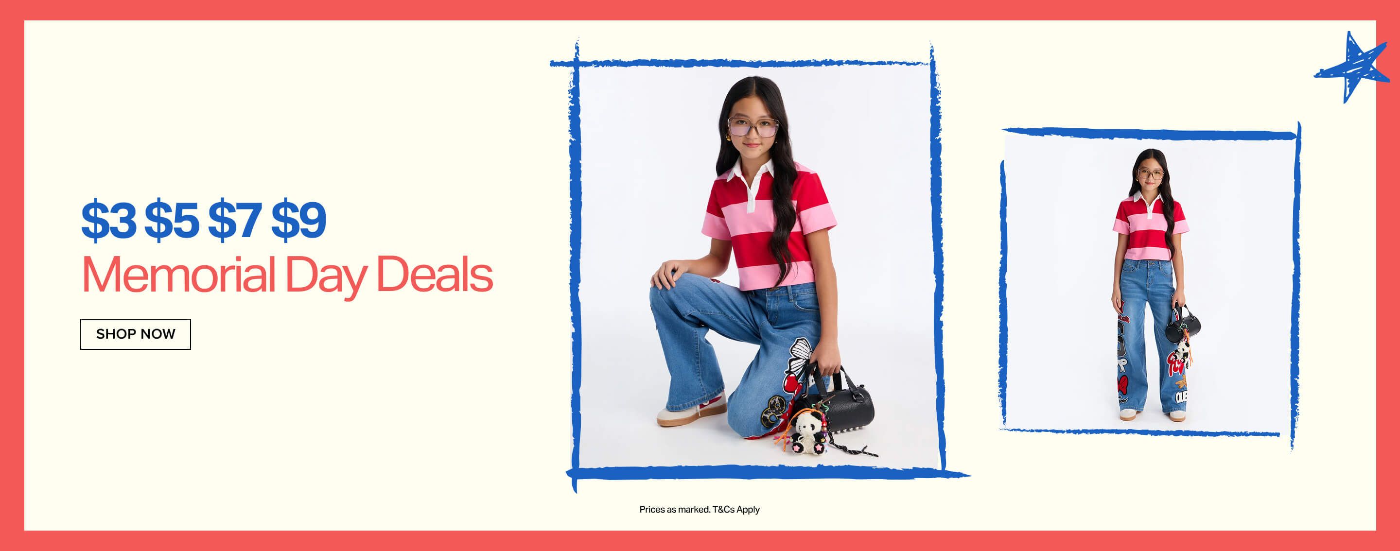 Young girl models a red and pink striped polo and embroidered jeans with a bag. Promotes Memorial Day kids' fashion deals.