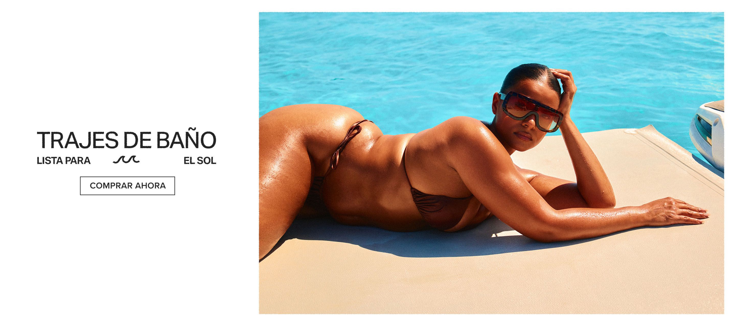 Mujer en bikini marrón 'Barely There' y gafas de sol, posando junto a piscina azul. Promueve nueva colección de trajes de baño sunkissed.