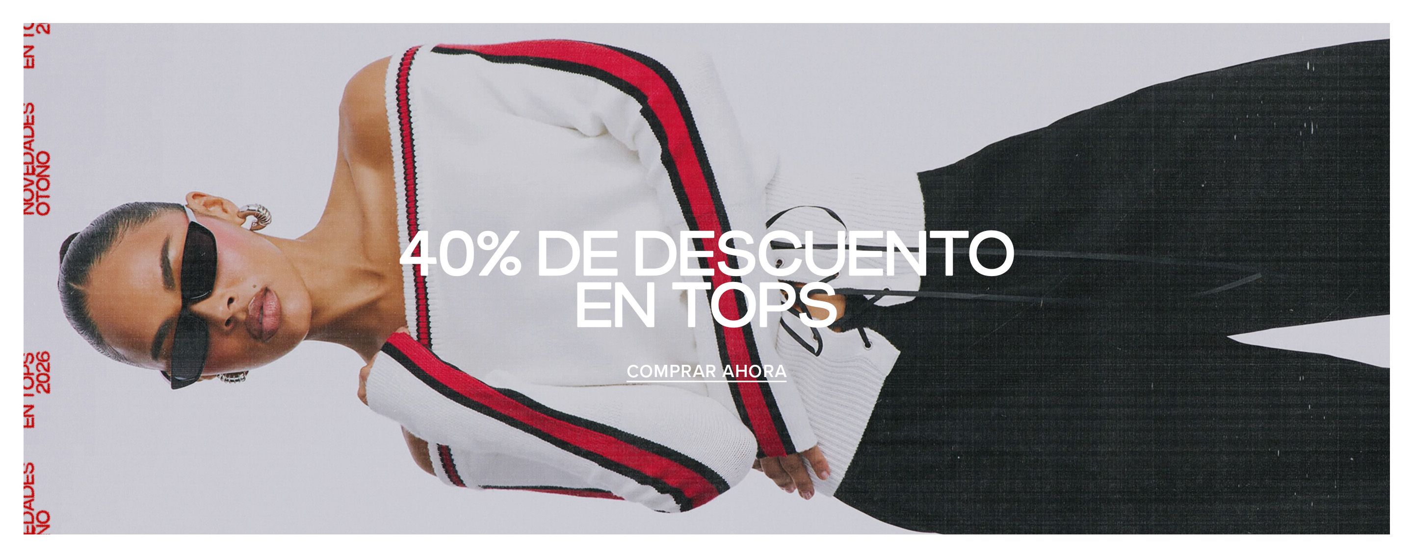 Modelo con top de punto blanco con hombros descubiertos y rayas rojas y negras, promocionando una oferta de 40% de descuento en tops de otoño.