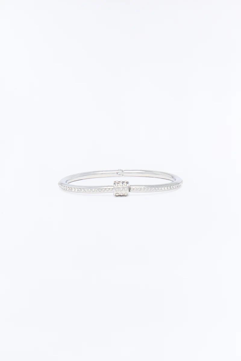 Silver pavé crystal bangle bracelet with a studded charm detail, elegant women's jewelry.