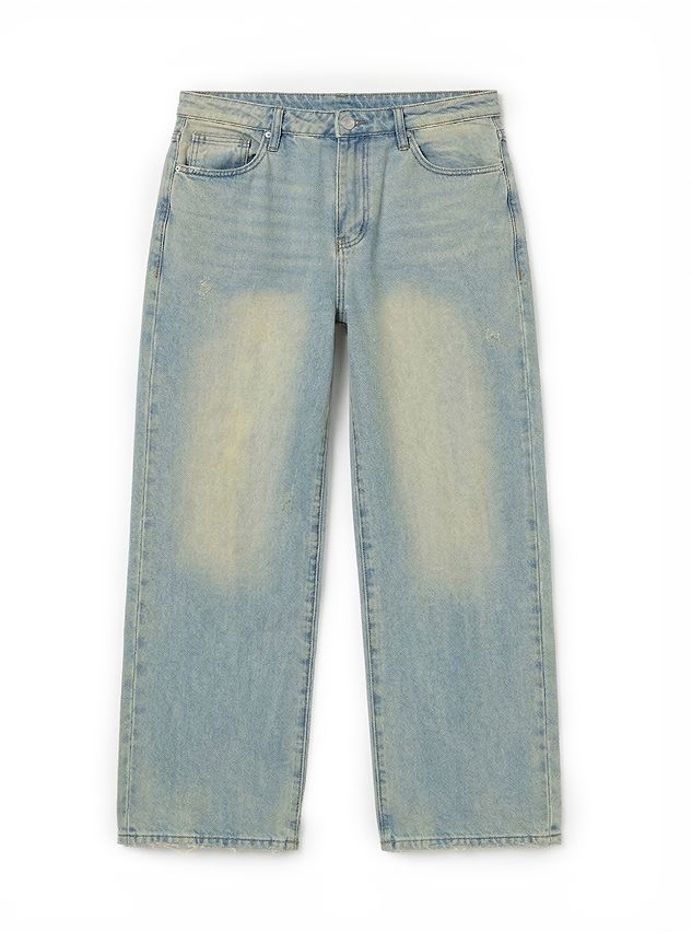 Light wash wide-leg denim jeans with subtle fading and distressed details. Shop women's new collection of relaxed fit casual jeans.