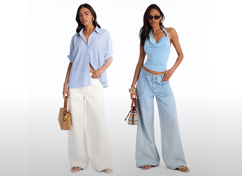 Modelos muestran moda de verano: camisa azul rayas, pantalón blanco; top halter azul, jeans claros. Colección nueva.