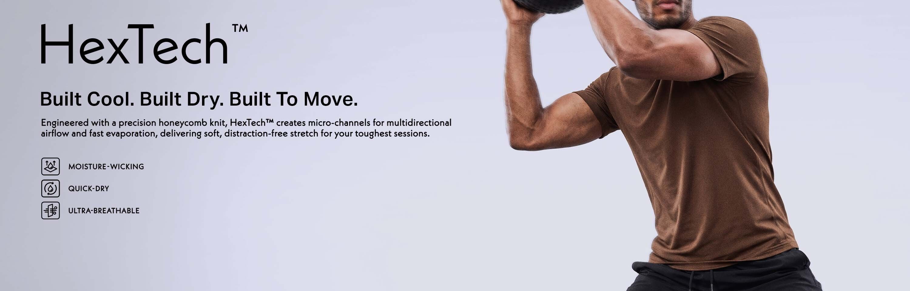Man wearing a brown HexTech moisture-wicking t-shirt lifts a medicine ball. Infographic details breathable, quick-dry activewear.