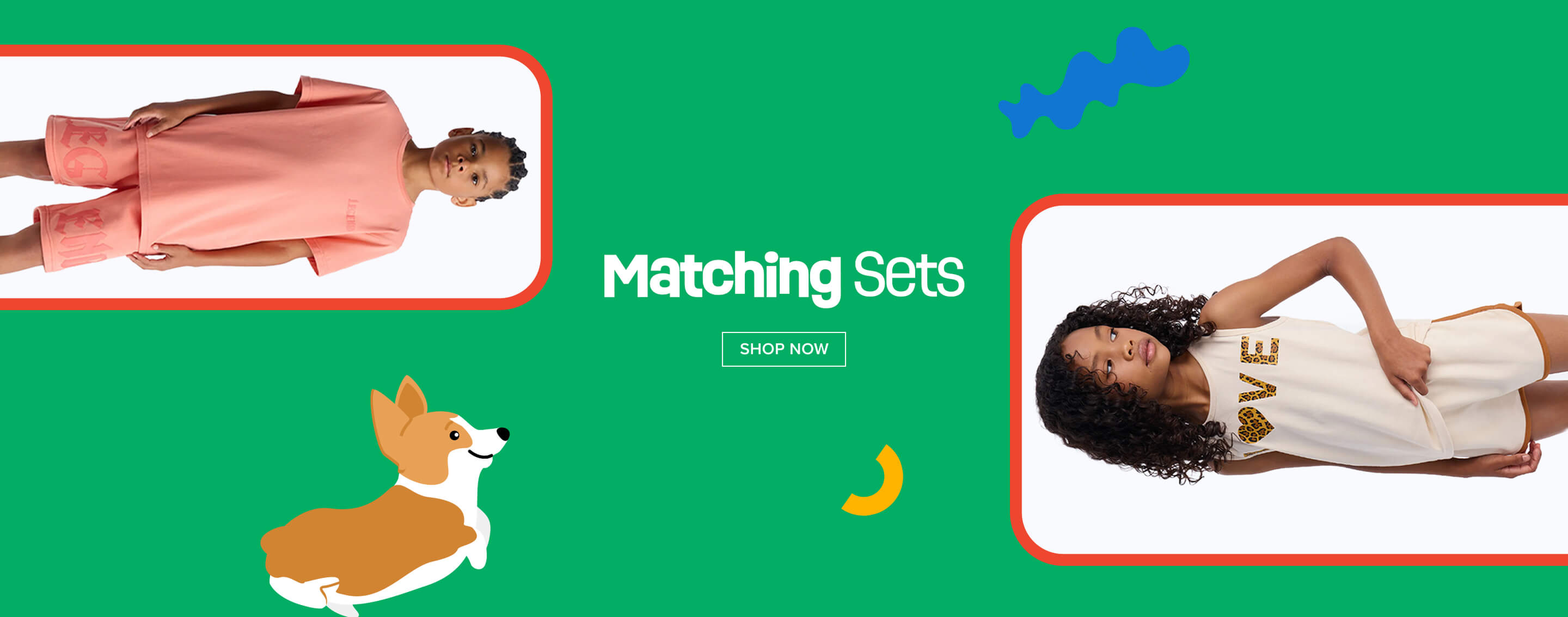 "Matching Sets" ad: Kids showcase stylish coral and cream matching outfits. Shop our new children's apparel collection for trendy looks.