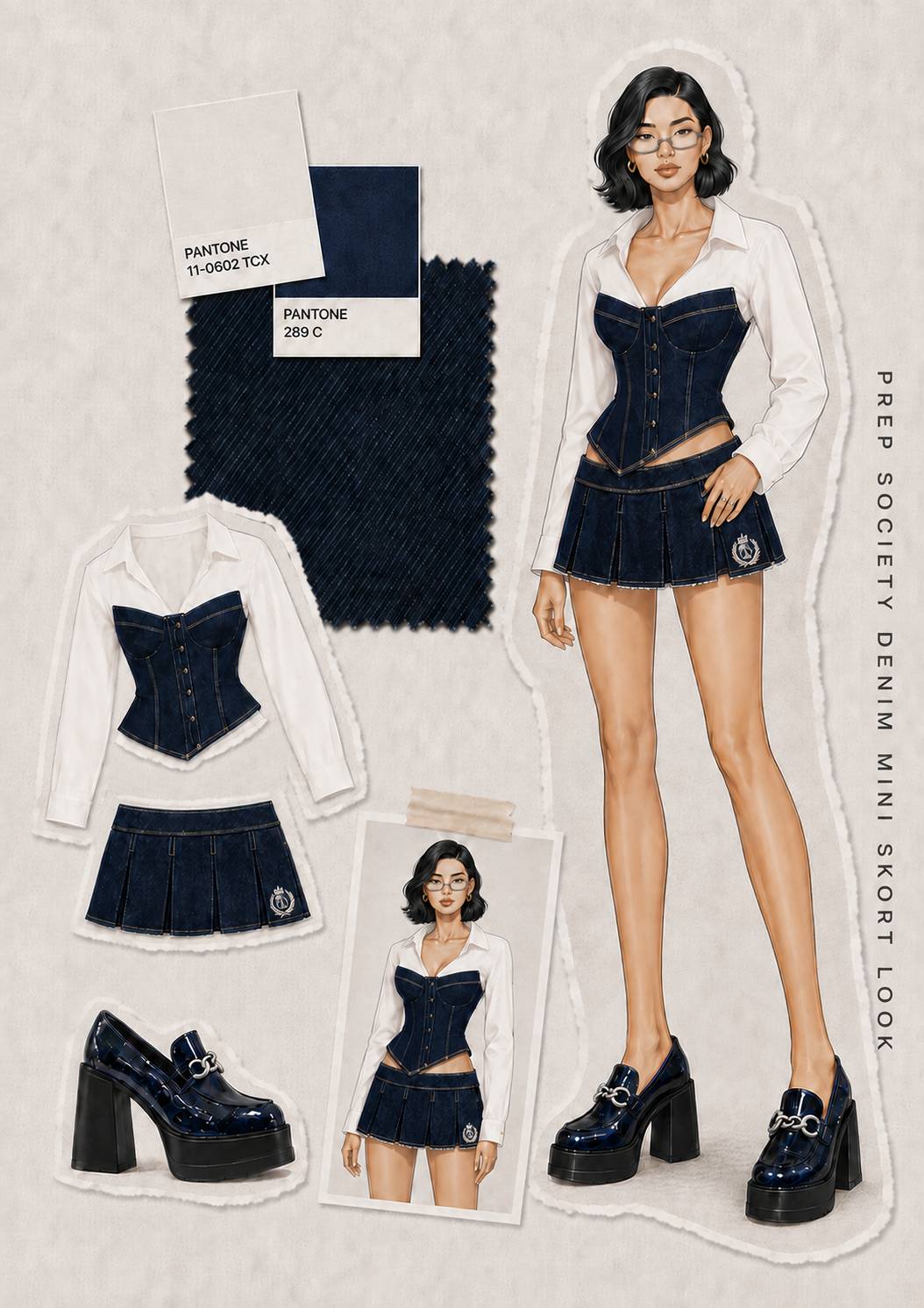 Model wearing Full Bloom Denim Corset Top and Prep Society Denim Mini Skort - Preppy Office Siren campus outfit