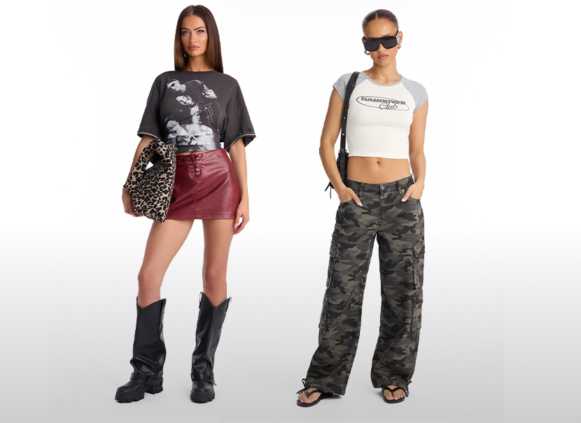 Trendy streetwear outfits with a graphic tee, burgundy leather skirt, and camo cargo pants from the new women's fashion collection.