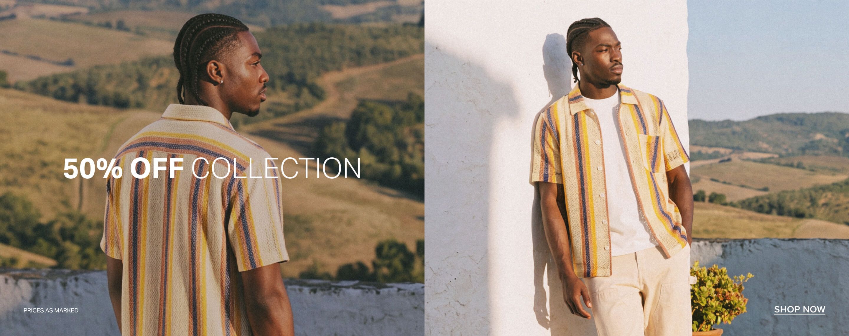 Stylish man in a beige and striped knit shirt with light pants, showcasing a 50% off men's casual collection outdoors.