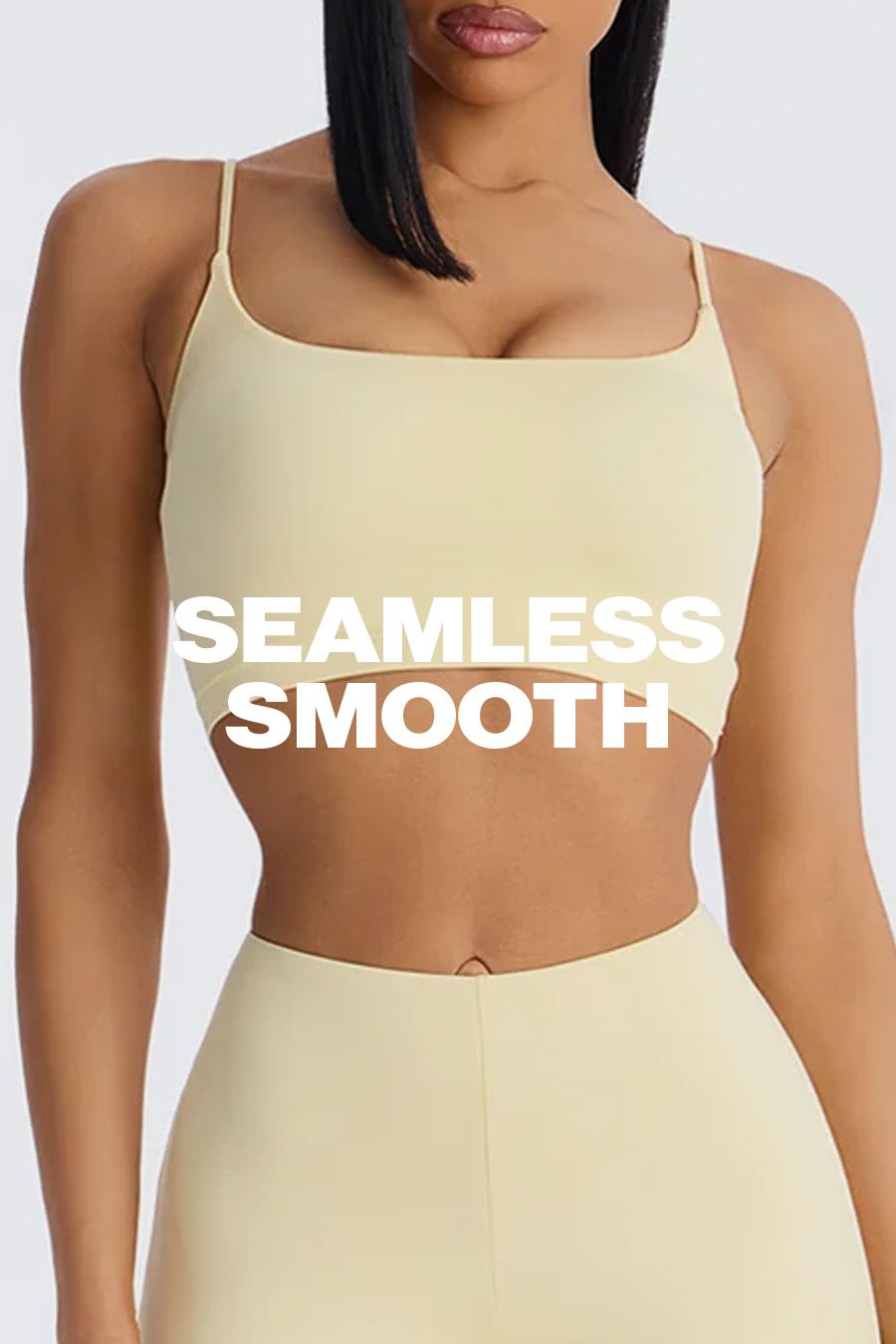 Woman wearing a pale yellow seamless smooth sports bra and leggings, promoting comfortable, high-performance workout activewear.