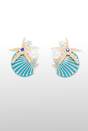 Pair of teal seashell earrings with gold starfish, pearls, and blue gems. Perfect beach-themed jewelry for a stylish summer collection.