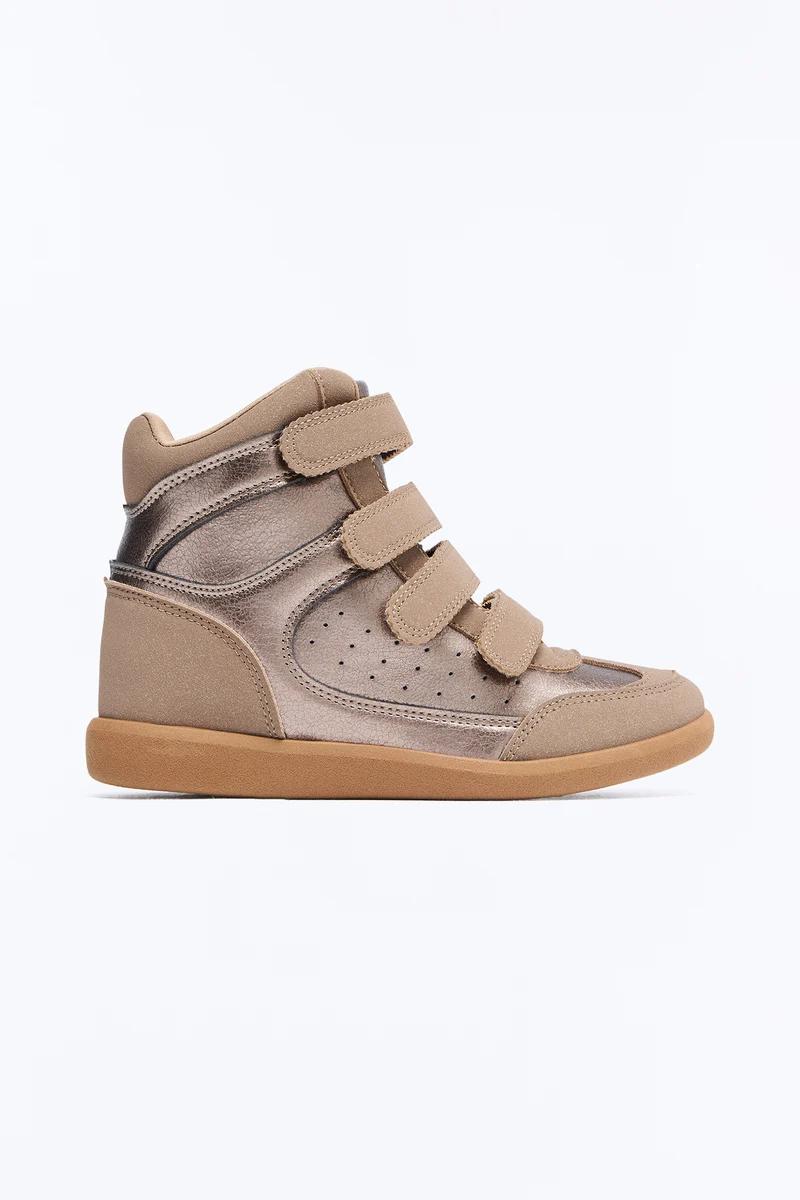 Bronze metallic high-top sneakers with three velcro straps.