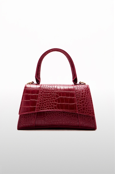 Bolso de mano de piel sintética burdeos con grabado de cocodrilo y asa superior, de la nueva colección de carteras de lujo y diseño elegante.