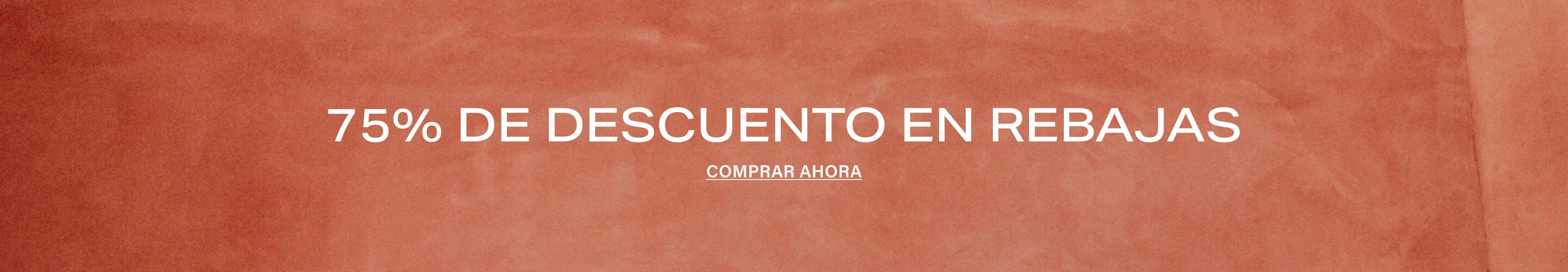 Fondo terracota vibrante con texto blanco en negrita '75% OFF SALE' y enlace 'SHOP NOW'. Descubre grandes ahorros en productos.