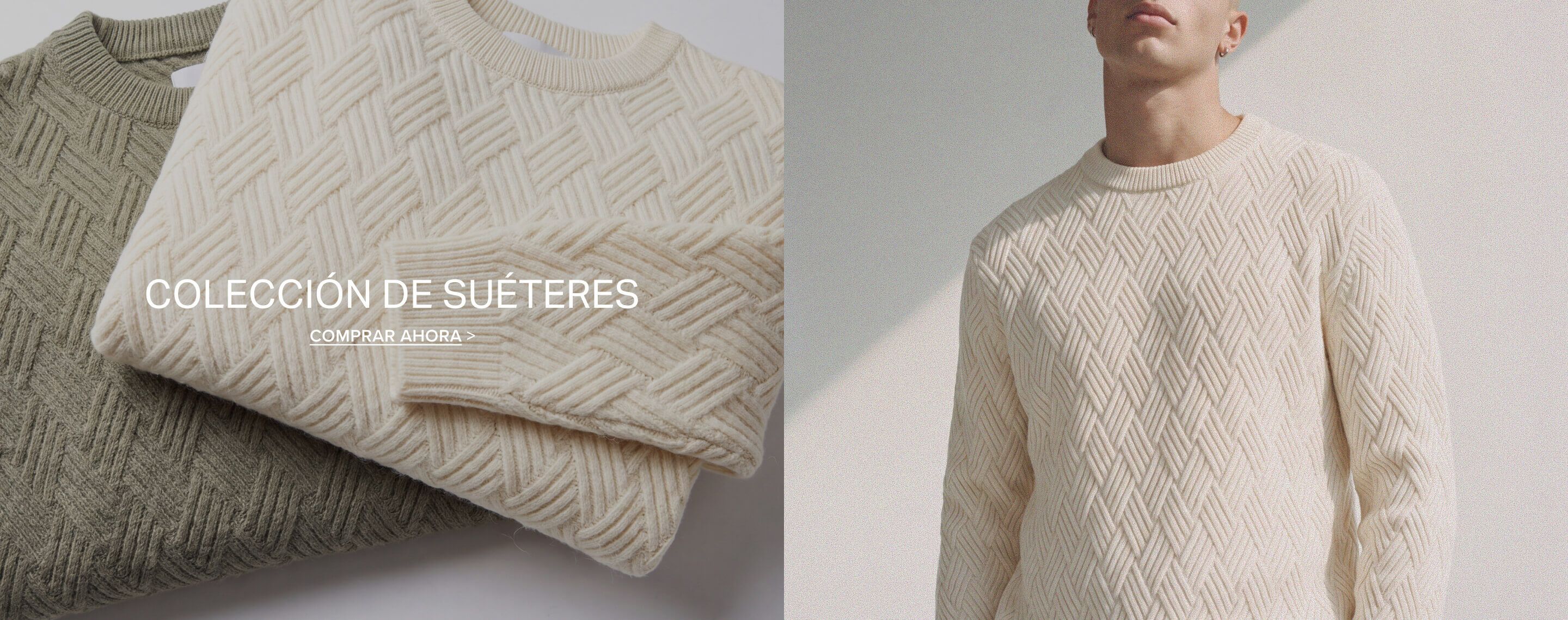 Suéteres clásicos de punto texturizado en verde oliva y crema que promocionan la colección Knitwear Staples con un enlace para comprar.