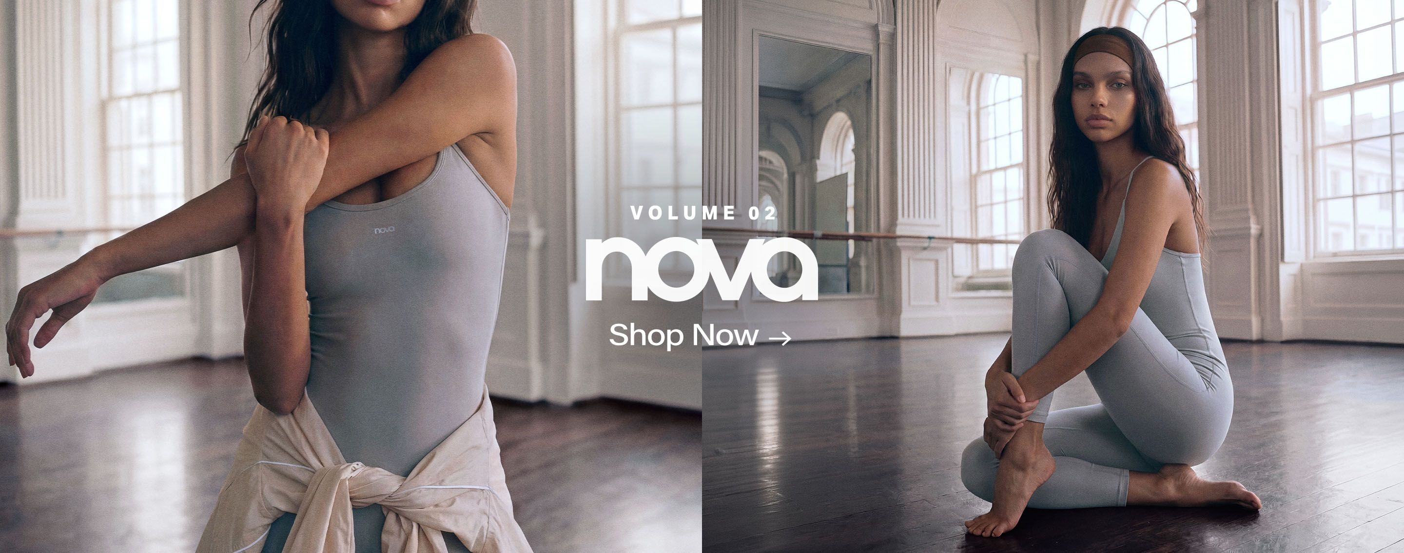 Woman in grey Nova activewear bodysuit and brown headband stretching, beige jacket tied at waist, promoting the new Volume 02 collection.