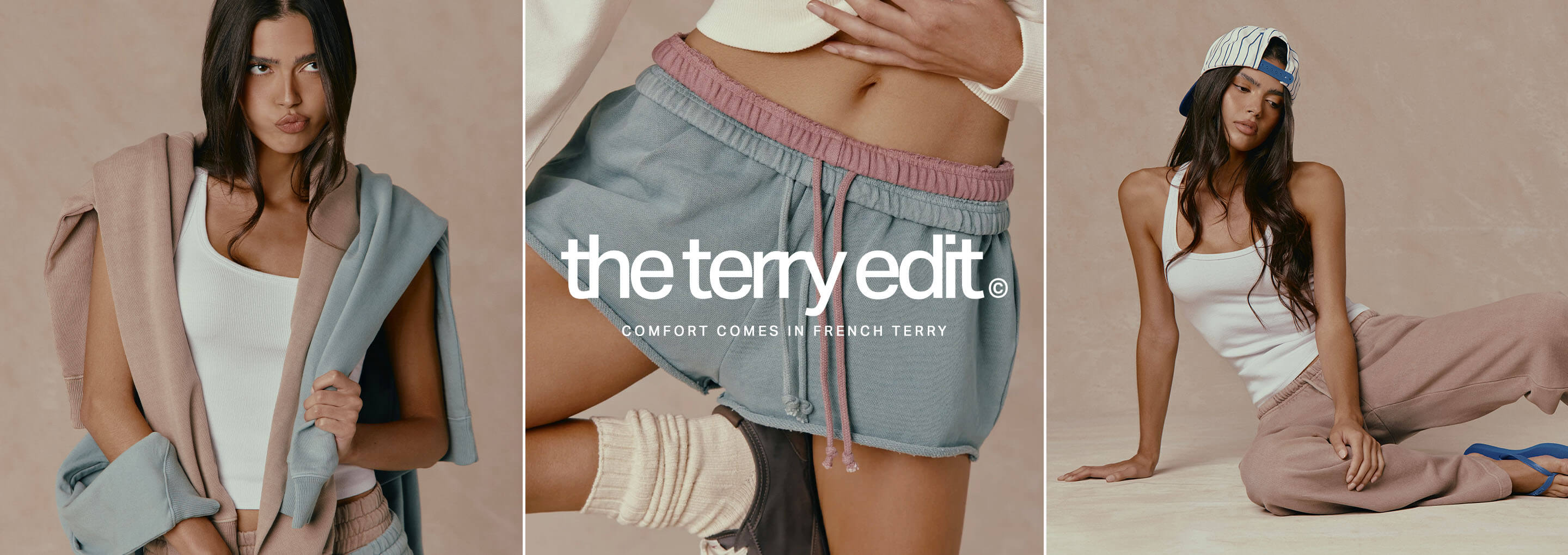 Models wear the new French Terry Edit loungewear collection featuring soft mauve and blue sweatpants, shorts, and ribbed tank tops.