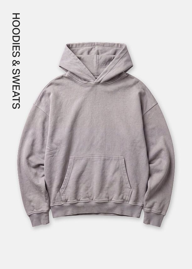 Muted greyish purple oversized pullover hoodie flat lay featuring a front kangaroo pocket for the Hoodies & Sweats collection banner.