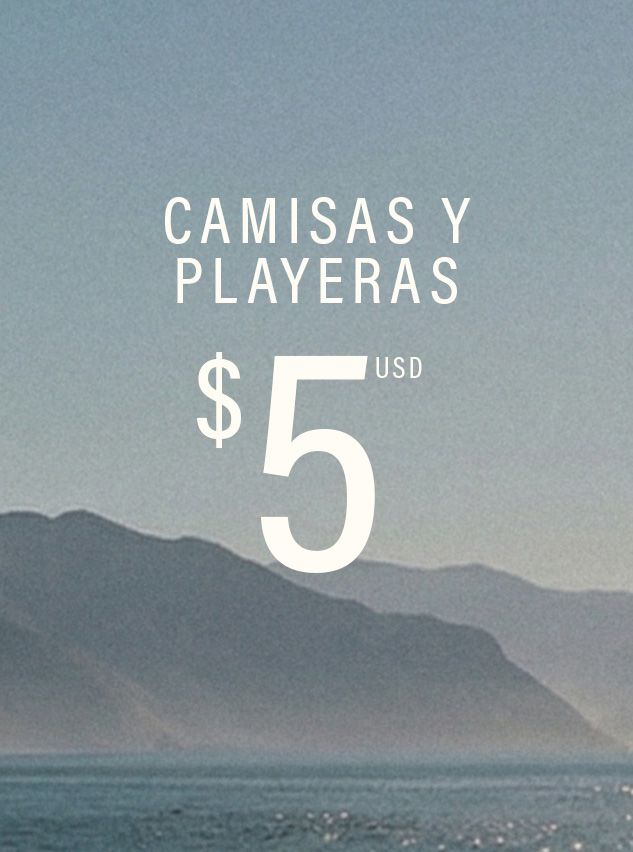 Montañas brumosas azul-gris sobre agua con texto: 'CAMISAS Y PLAYERAS $5 USD'. Promocionando camisetas y playeras por solo $5.
