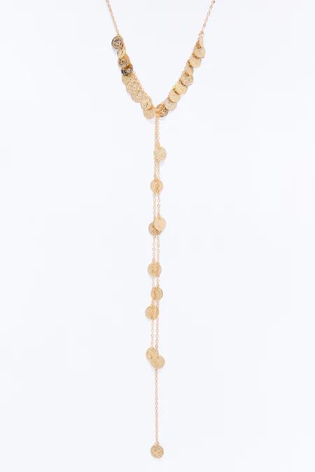 Delicate gold Y-shaped coin charm necklace with multiple textured round discs, perfect for bohemian chic style or new arrivals.