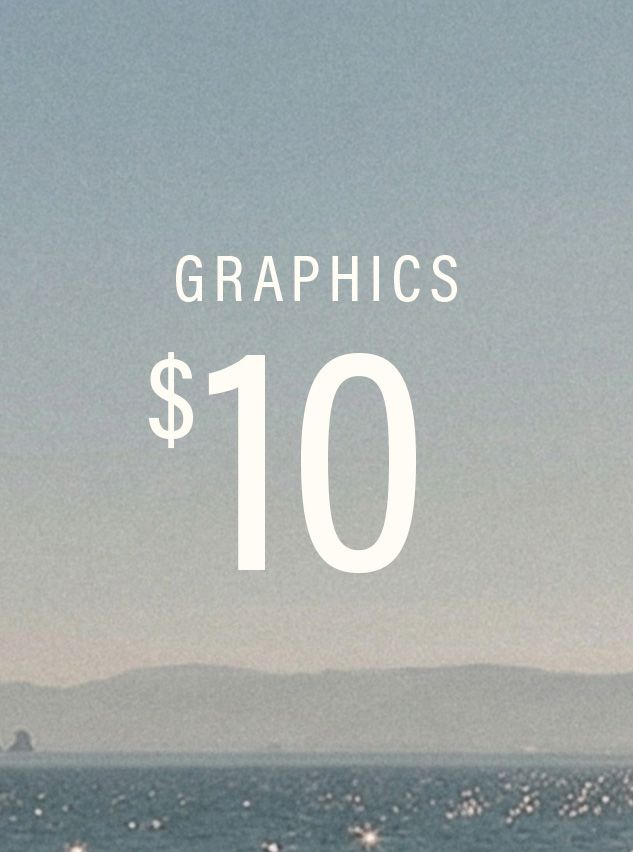 White 'GRAPHICS' and '$10' text over a muted blue mountain-water landscape. Promotes digital graphic assets at an accessible price point.