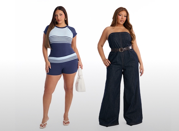 Two models in trendy plus size outfits: navy striped top & shorts, and dark denim strapless wide-leg jumpsuit. Explore new summer fashion.