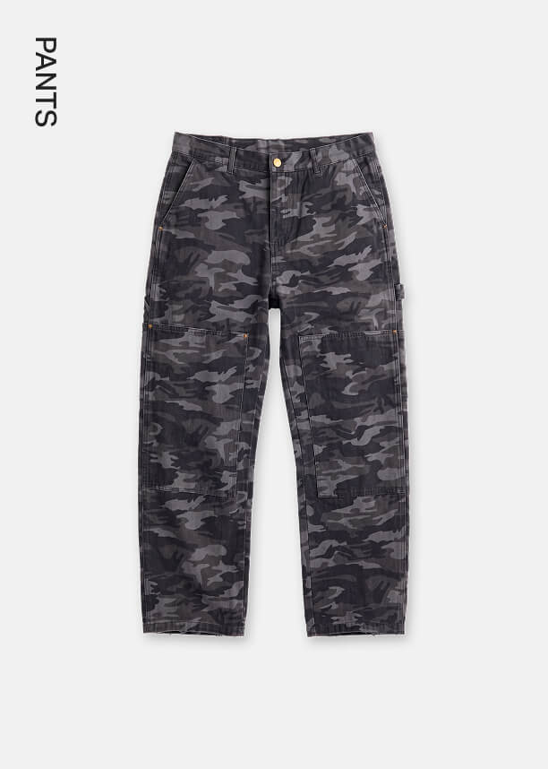 Dark grey camouflage double-knee utility pants displayed flat on a white background, highlighting street fashion workwear for the catalog.