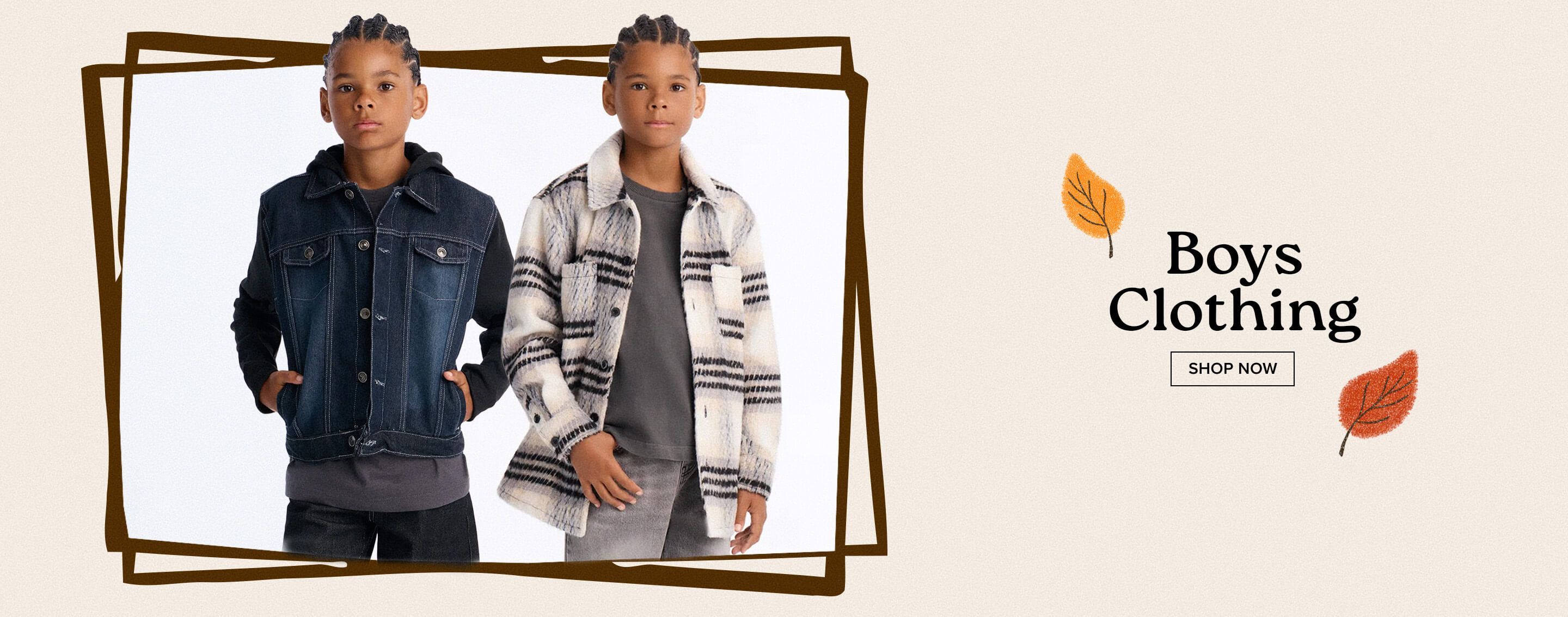 Two boys model a black denim jacket and grey plaid shacket in an autumn boys clothing promotional banner with a "Shop Now" button.