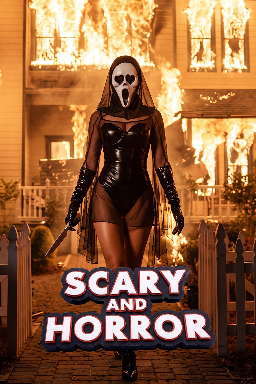 Sexy Ghostface costume model holding a knife before a burning house, promoting a spooky Halloween scary and horror movie collection.