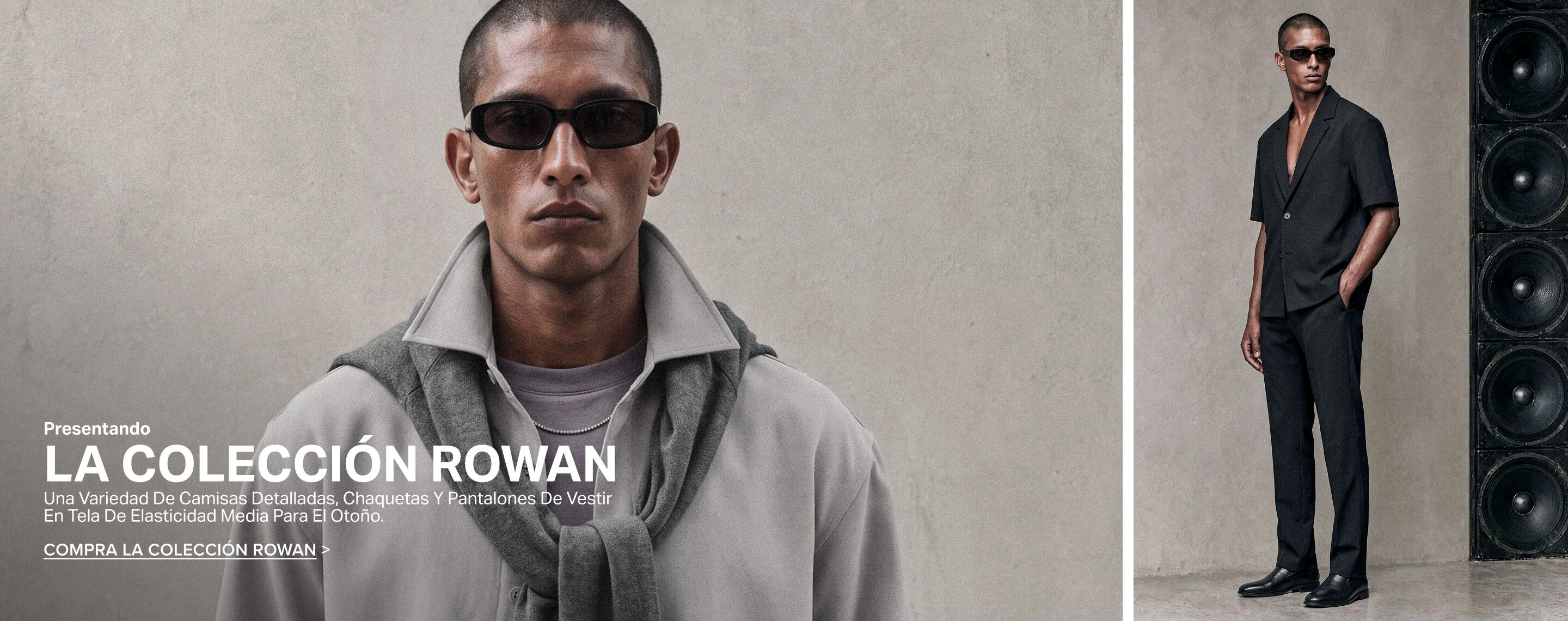 Hombre con gafas de sol vistiendo capas grises de otoño promocionando The Rowan Collection: chaquetas de vestir, camisas y pantalones de hombre.