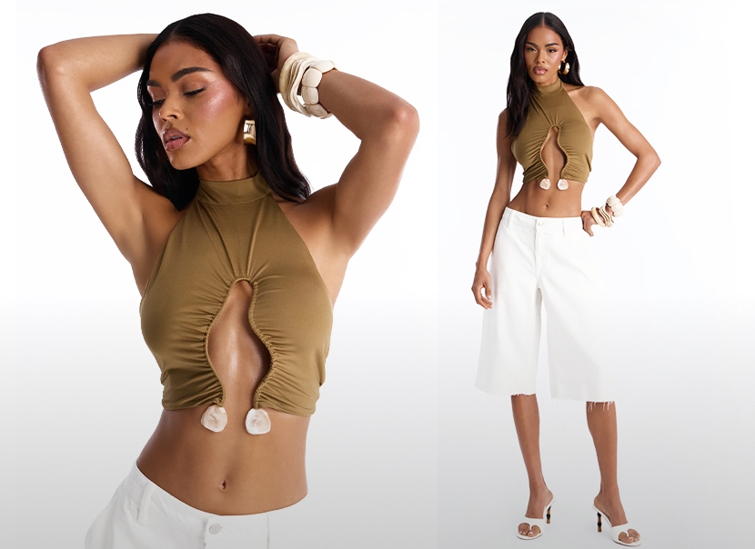 Modelo luce elegante top halter caqui con aberturas frontales, combinado con culottes blancos y accesorios. Ideal para moda veraniega.