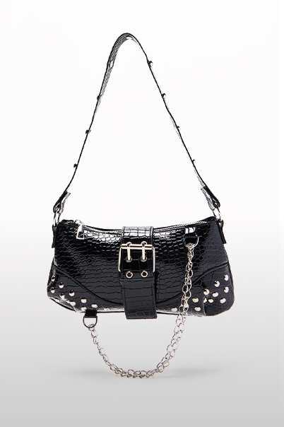 Stylish black croc-embossed shoulder bag with prominent silver buckle and studded details. Shop our trendy new accessory collection.