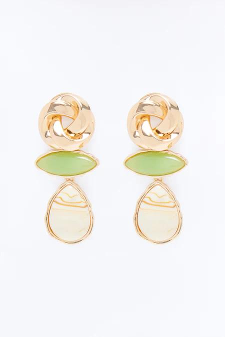 Gold knotted drop earrings featuring an oval green gem and cream teardrop stone. Elegant fashion jewelry to elevate any look.
