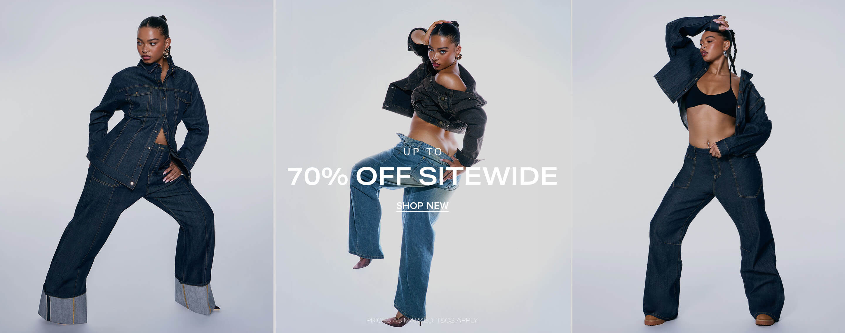 Model poses in a cropped black denim jacket and wide-leg blue jeans for a sitewide fashion sale offering up to 70% off new arrivals.