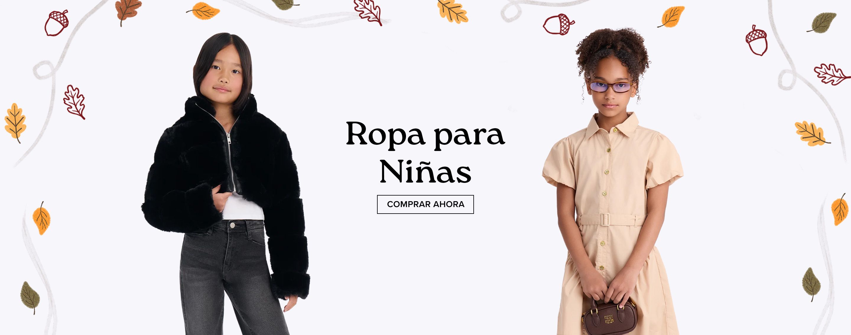 Dos niñas con moda de otoño, una chaqueta de peluche negra y un vestido beige, rodean un banner de 'Girls Clothing' con el botón 'Shop Now'.