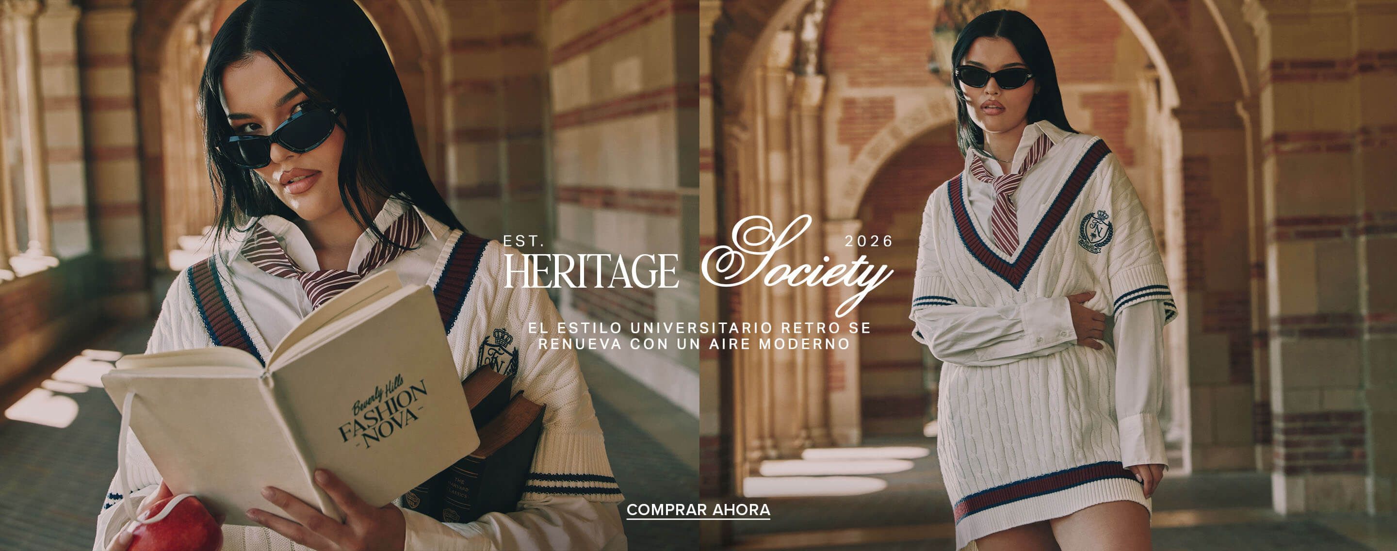 Modelo con gafas de sol viste un vestido suéter colegial vintage color crema y corbata para promocionar la colección Heritage Society.