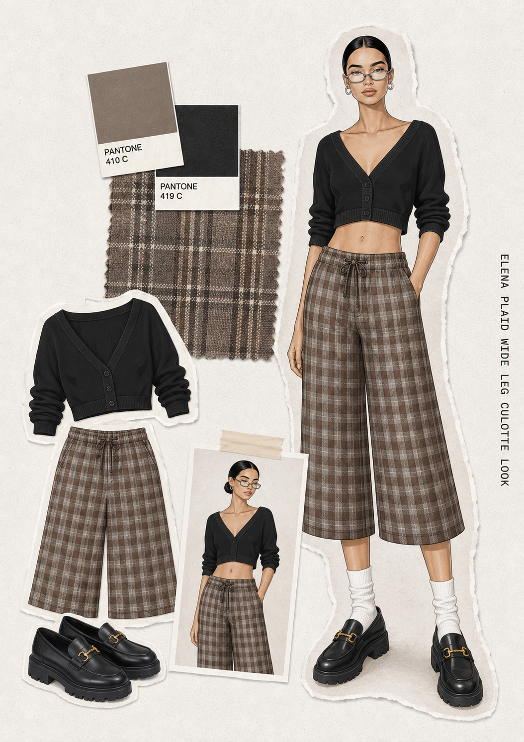 Model wearing Society Style Button Up Cardigan and Elena Plaid Drawstring Wide Leg Culotte Pant