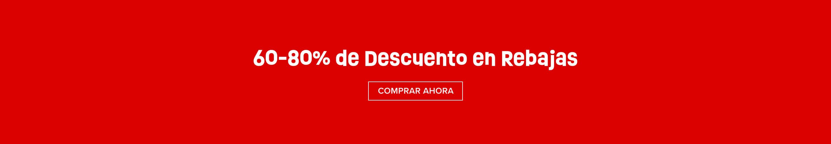Banner rojo anunciando una venta del 60-80% de descuento con botón 'COMPRAR AHORA'. ¡Descubre ofertas increíbles hoy!