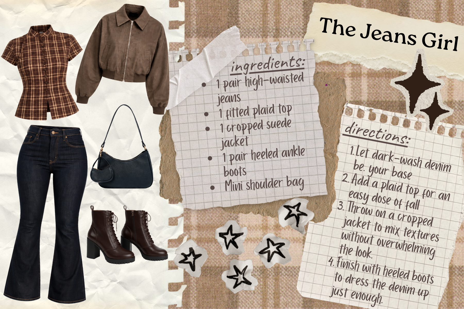Fall outfit mood board featuring high-waisted dark jeans, brown plaid top, cropped suede jacket, heeled ankle boots, and mini shoulder bag.
