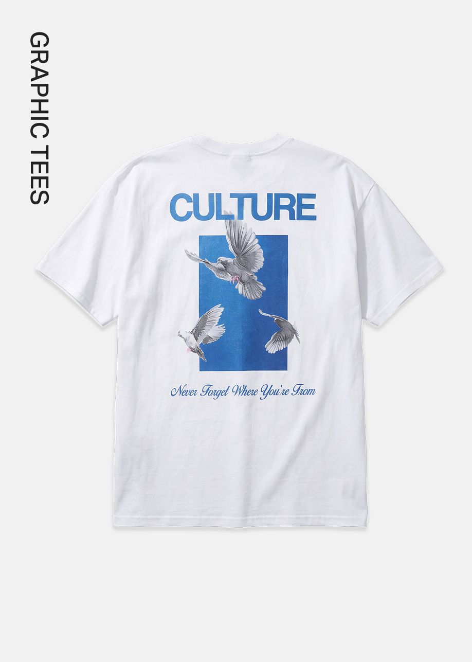 White streetwear graphic tee with blue Culture text, flying pigeons box art, and Never Forget Where You're From script on back.