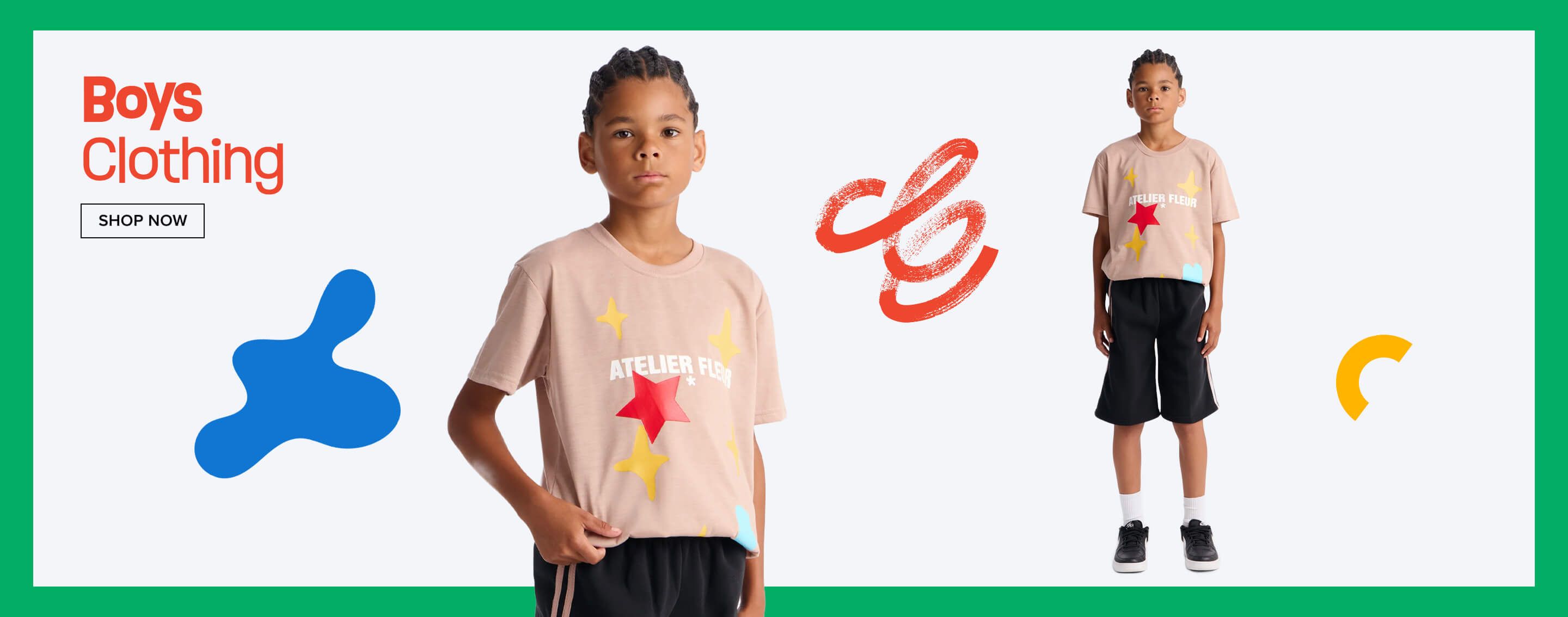 Young boy models a beige t-shirt with colorful star print and black pants. Promotes 'Boys Clothing' with a 'Shop Now' button for kids' fashion.