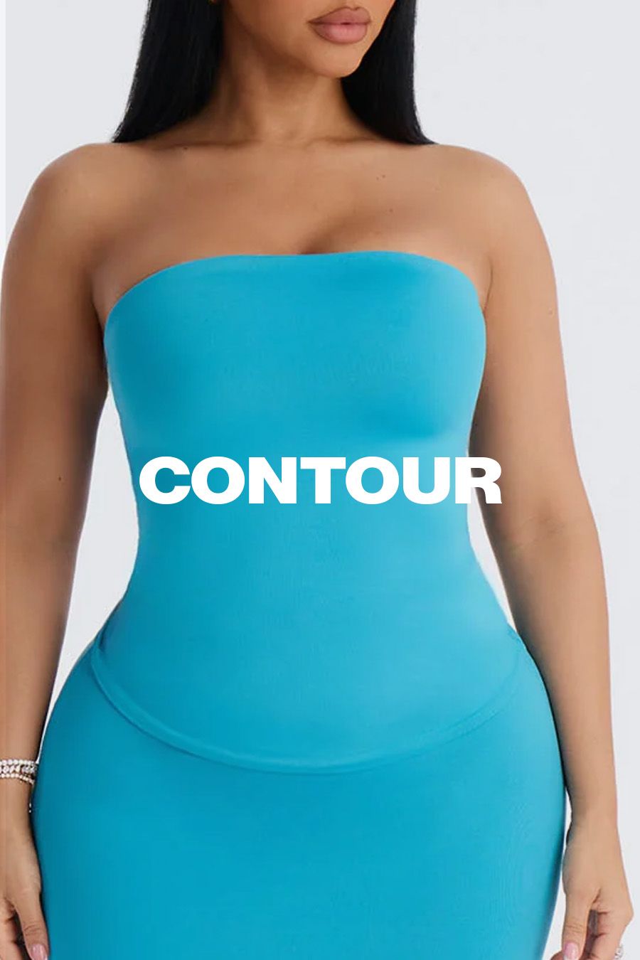 Woman in a flattering teal strapless contour dress, upper body shot with "CONTOUR" text. Promotes figure-flattering contour wear.