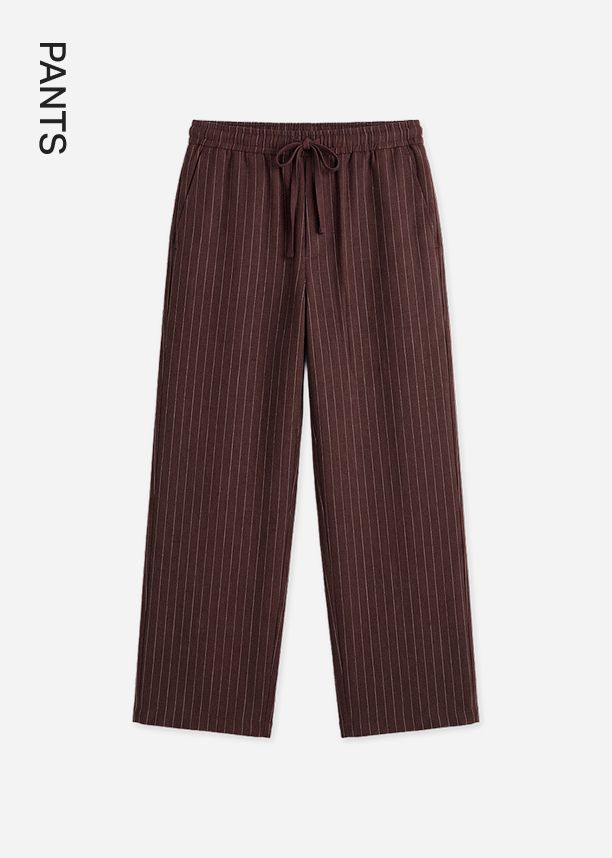 Brown pinstriped drawstring pants with a relaxed wide-leg fit, displayed as a product listing for the casual autumn trousers category.
