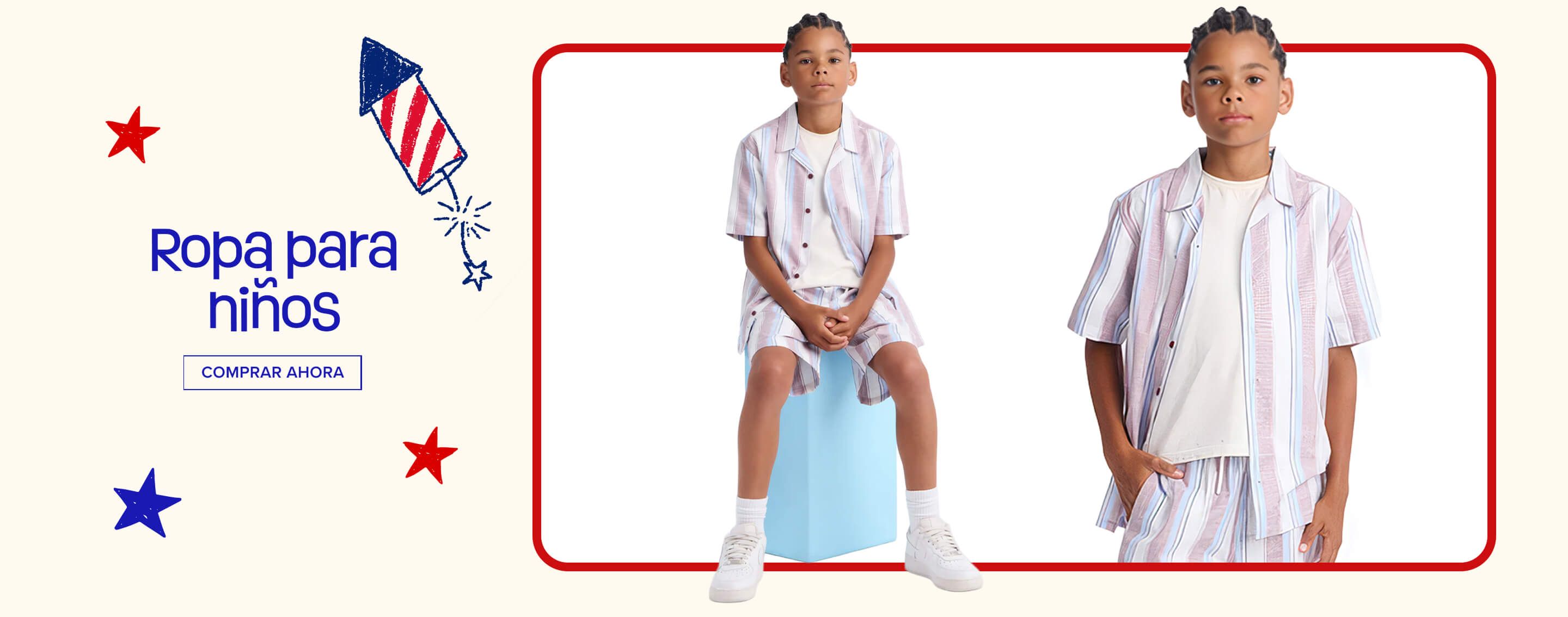 Niño viste un conjunto de camisa y pantalón corto a rayas rojo, blanco y azul. ¡Compra ropa infantil nueva con temática patriótica!