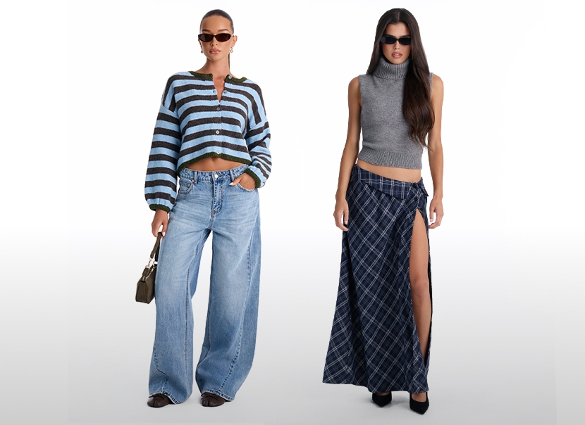 Dos modelos presentan tendencias de otoño: cárdigan de rayas con vaqueros anchos, y top gris de cuello alto con falda larga de cuadros.