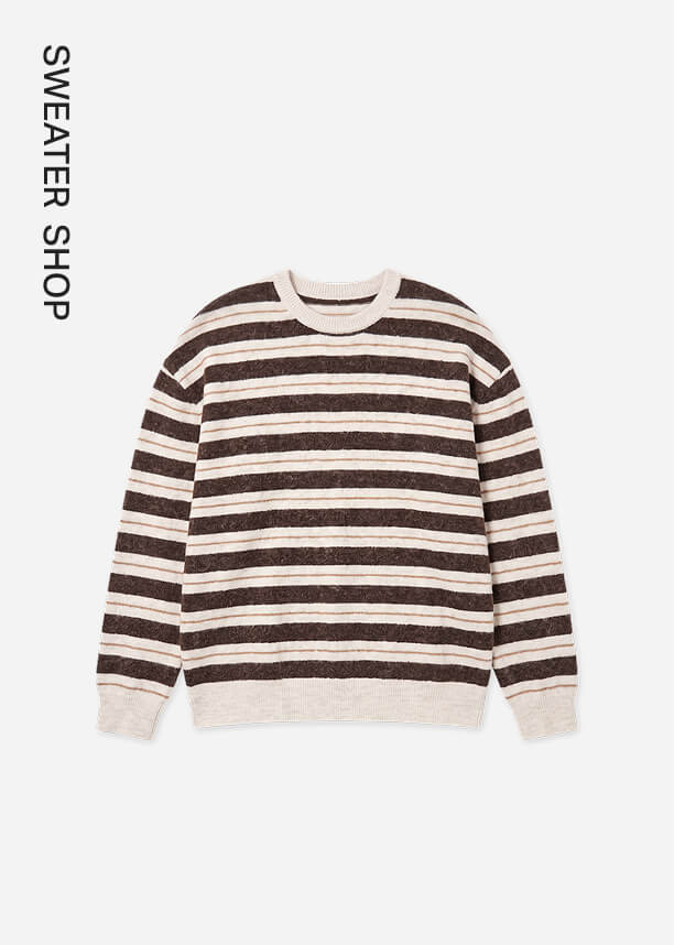 Cozy brown and cream striped crewneck sweater from the Sweater Shop, featuring a relaxed fit knitwear style perfect for autumn fashion.